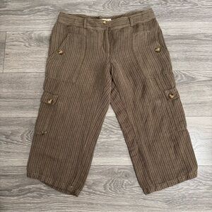 Michael Kors Women Brown Linen Blend Striped Cargo‎ Capri Pants Size 8